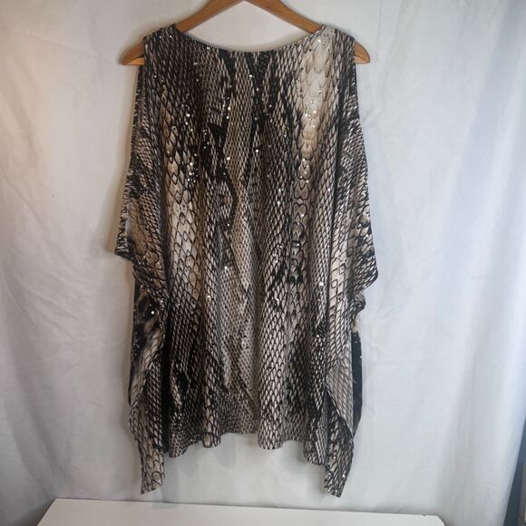 Frank Lyman Sequin Animal Print Poncho Blouse Cut Out Shoulder Bold Safari SZ XL - Picture 2 of 9